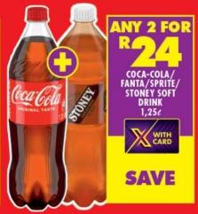 Coca-Cola, Fanta, Sprite, Stoney Soft Drink 1.25L Any 2