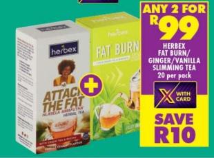 Herbex Fat Burn/Ginger/Vanilla Slimming Tea 20 Per Pack Any 2