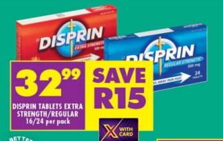 DISPRIN TABLETS EXTRA STRENGTH/REGULAR 16/24 per pack