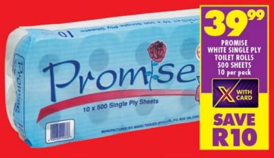 Promise White Single Ply Toilet Rolls 500 Sheets 10 Per pack