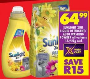 SUNLIGHT 2IN1 LIQUID DETERGENT/AUTO WASHING POWDER all variants 1.5L /2 kg Each