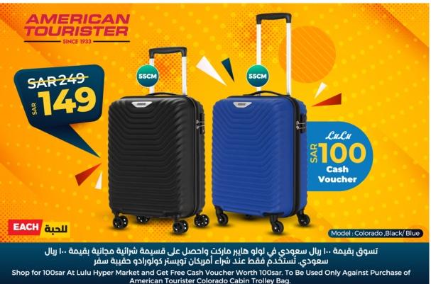 American Tourister Colorado Cabin Trolley Bag, available in Black and Blue colors.