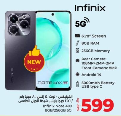 Infinix Note 40X 5G smartphone with 6.78" screen, 8GB RAM, and 256GB memory.