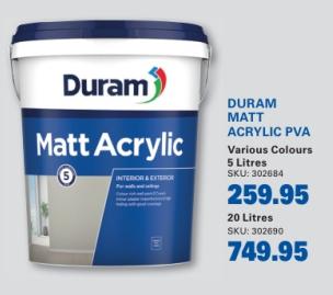 Duram Matt Acrylic PVA, Various Colours, 5 Litres