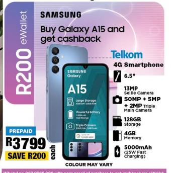 Samsung Galaxy A15, 6.5" display, 13MP selfie camera, 50MP + 5MP + 2MP triple main camera, 128GB storage, 4GB memory, 5000mAh battery with 25W fast charging.