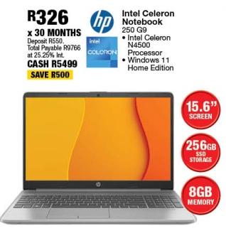 HP Intel Celeron Notebook 250 G9 with Intel Celeron N4500 Processor, Windows 11 Home Edition, 15.6" screen, 256GB SSD storage, 8GB memory