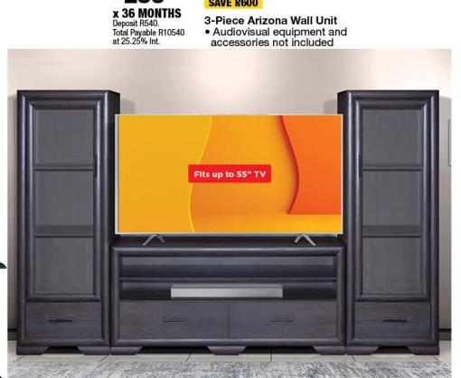 3-Piece Arizona Wall Unit. Fits up to 55" TV. Audiovisual equipment and accessories not included.