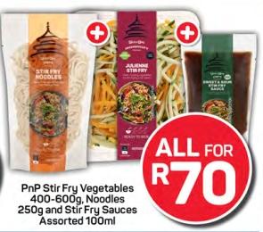 PnP Stir Fry Vegetables 400-600g ,Noodles 250g and Stir Fry Sauces Assorted 100ml