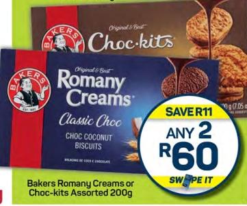 Bakers Romany Creams or Choc-kits Assorted 200g Any 2