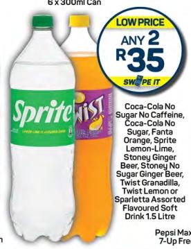 Coca-Cola No Sugar No Caffeine, Coca-Cola No Sugar, Fanta Orange, Sprite Lemon-Lime, Stoney Ginger Beer, Stoney No Sugar Ginger Beer, Twist Granadilla, Twist Lemon or Sparletta Assorted Flavoured Soft Drink 1.5 Litre Any 2