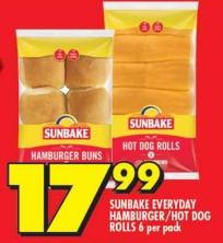 Sunbake Everyday Hamburger/Hot Dog Rolls 6  per pack