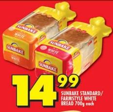 Sunbake Standard/Farmstyle White Bread 700g  each