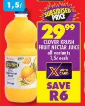 Clover Krush Fruit Nectar Juice all variants 1.5 LTR