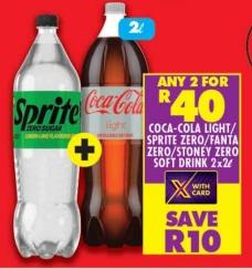 Any 2 Coca-Cola Light/Sprite Zero/Fanta Zero/Stoney Zero Soft Drink 2X2 LTR