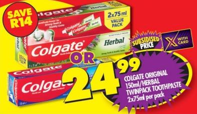 Colgate Original 150ml/Herbal Twinpack Toothpaste