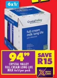 CRYSTAL VALLEY FULL CREAM LONG LIFE MILK 6x1ℓ per pack