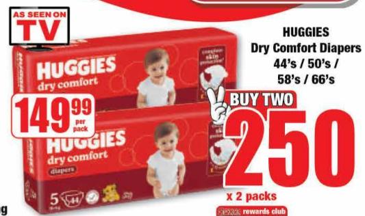 HUGGIES Dry Comfort Diapers 44's / 50's / 58's / 66's