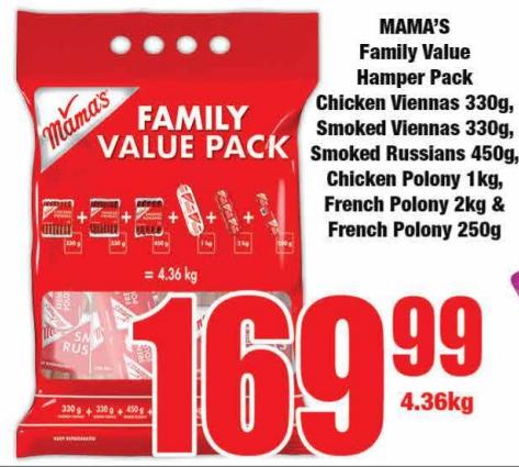 MAMA’S Family Value Hamper Pack: Chicken Viennas 330g, Smoked Viennas 330g, Smoked Russians 450g, Chicken Polony 1kg, French Polony 2kg & French Polony 250g