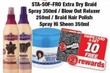 STA-SOF-FRO Extra Dry Braid Spray 350ml/Blow Out Relaxer 250ml/ Braid Hair Polish Spray Hi Sheen 350ml