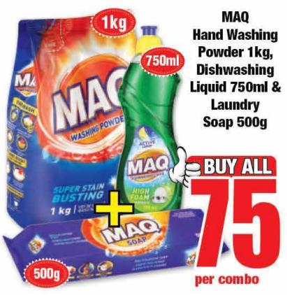 MAQ Hand Washing Powder 1kg, Dishwashing Liquid 750ml & Laundry Soap 500gm 