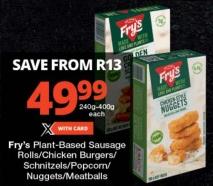 Fry's Plant-Based Sausage Rolls/Chicken Burgers/Schnitzels/Popcorn/Nuggets/Meatballs