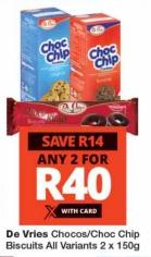 De Vries Chocos/Choc Chip Biscuits All Variants 2 x 150g