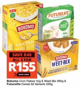 Bokomo Corn Flakes 1kg & Weet-Bix 900g & Futurelife Cereal All Variants 500g