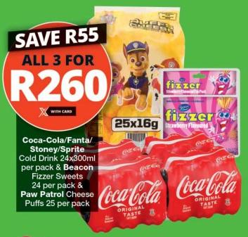 Coca-Cola/Fanta/Stoney/Sprite Cold Drink 24x300ml per pack & Beacon Fizzer Sweets 24 per pack & Paw Patrol Cheese Puffs 25 per pack