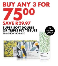 Woolworths Super Soft Double or Triple Ply Tissues 60/80/100/180 PACK 