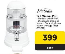 Sunbeam 14 L Mineral Pot, Model: SMWP-14A, Dispenses ambient water, Ceramic dome filter, 4-stage filter