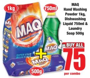 MAQ Hand Washing Powder 1kg, Dishwashing Liquid 750ml & Laundry Soap 500 gm 