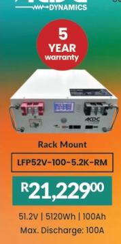 Rack Mount LFP52V-100-5.2K-RM, 51.2V, 5120Wh, 100Ah, Max. Discharge: 100A, 5-year warranty