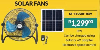 15W solar fan that can be charged using solar or AC adapter with electronic speed control.