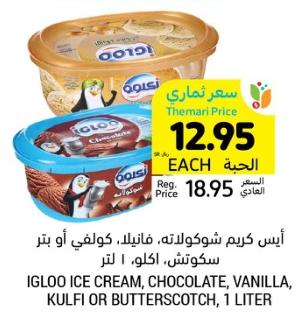 IGLOO ICE CREAM, CHOCOLATE, VANILLA, KULFI OR BUTTERSCOTCH, 1 LITER