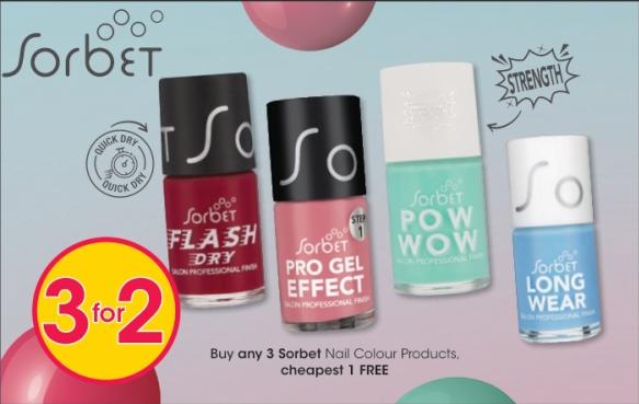 Buy any 3 Sorbet Nail Colour Products, cheapest 1 FREE