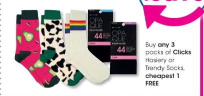 Clicks Hosiery or Trendy Socks, any 3 packs, cheapest 1 free