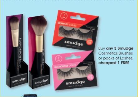 Buy any 3 Smudge Cosmetics Brushes or packs of Lashes, cheapest 1 FREE