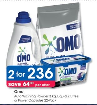 Omo Auto Washing Powder 3 kg, Liquid 2 Litres or Power Capsules 22-Pack