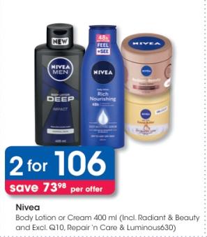 Nivea Body Lotion or Cream 400 ml (Incl. Radiant & Beauty and Excl. Q10, Repair 'n Care & Luminous630)