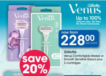 Gillette Venus Comfortglide Breeze or Smooth Sensitive Razors plus 2 Cartridges