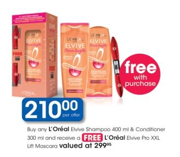 L’Oréal Elvive Shampoo 400 ml & Conditioner 300 ml with FREE L’Oréal Elvive Pro XXL Lift Mascara