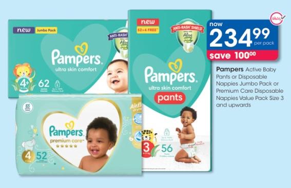 Pampers Active Baby Pants or Disposable Nappies Jumbo Pack or Premium Care Disposable Nappies Value Pack Size 3 and upwards