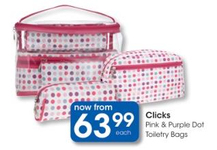 Clicks Pink & Purple Dot Toiletry Bags