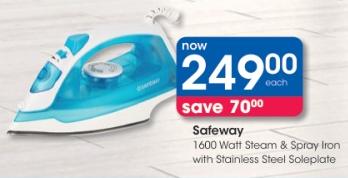 Safeway 1600 Watt Steam & Spray Iron with Stainless Steel Soleplate