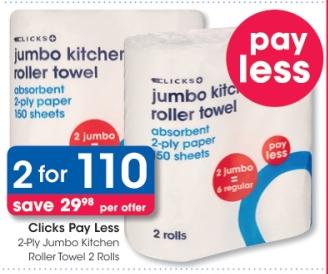 Clicks Pay Less 2-Ply Jumbo Kitchen Roller Towel 2 Rolls