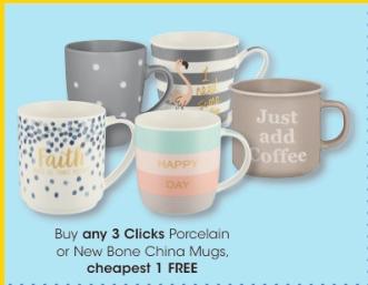 Buy any 3 Clicks Porcelain or New Bone China Mugs, cheapest 1 FREE