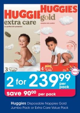 Huggies Disposable Nappies Gold Jumbo Pack or Extra Care Value Pack