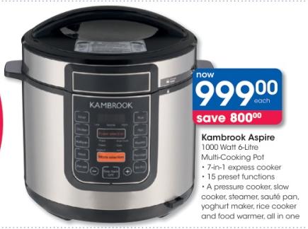 Kambrook Aspire 1000 Watt 6-Litre Multi-Cooking Pot, 7-in-1 express cooker, 15 preset functions. A pressure cooker, slow cooker, steamer, sauté pan, yoghurt maker, rice cooker and food warmer, all in one