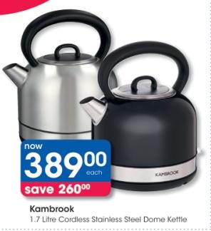 Kambrook 1.7 Litre Cordless Stainless Steel Dome Kettle