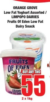 ORANGE GROVE Low Fat Yoghurt Assorted / LIMPOPO DAIRIES Fruits Of Eden Low Fat Dairy Snack 2x1kg